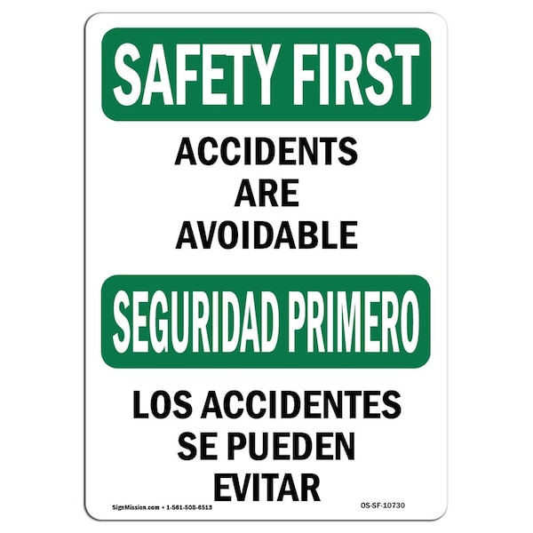 OSHA Sign, Accidents Are Avoidable Bilingual, 18in X 12in Aluminum, 12" W, 18" L, Landscape